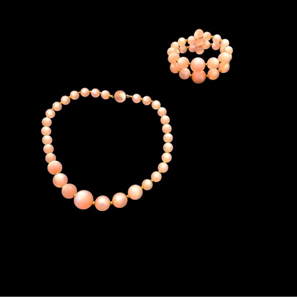 Vtg Pink Possible Moon Glow Necklace & Memory Wire Bracelet Set Estate Jewelry - Picture 3 of 16